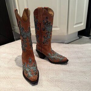 NEW Vintage Brown and Turquoise Leather Cowboy Boots, Nashville Boot Co, US 7